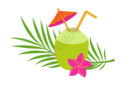 带稻草和雨伞的年轻椰子壳 椰子水或鸡尾酒 白色隔离的平方矢量说明图片