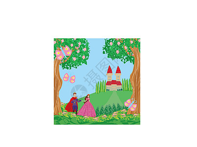 公主和王子 在美丽的花园里插图城堡大厦树叶女孩香味花朵女王男生花瓣图片