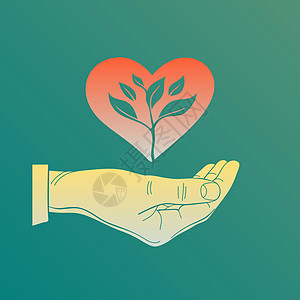 手头的扁矢量心 一个发芽 插图图标 用于护理 保护 慈善或捐赠图片