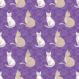 紫爪印背景上的猫类无缝图案图片