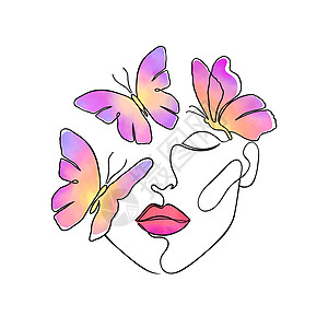 最起码的女人面对蝴蝶翅膀女孩主义者水彩嘴唇昆虫极简绘画女性艺术图片