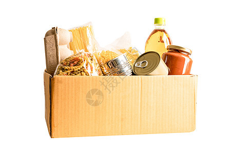 用于捐赠 储存和运送的食品 纸板箱中的各种食品 面食 食用油和罐头食品福利贮存服务盒子船运帮助杂货店纸盒产品社区图片