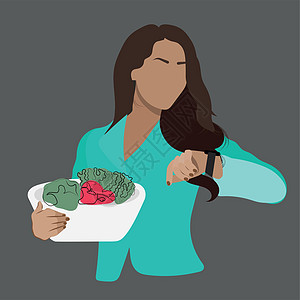 厨房里有大沙拉碗的女人重量数字女孩身体重力运动减肥营养植物控制图片