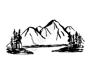 山区山脉和树影草图 矢量插图以白色背景隔绝 绘制面条画的风景图片