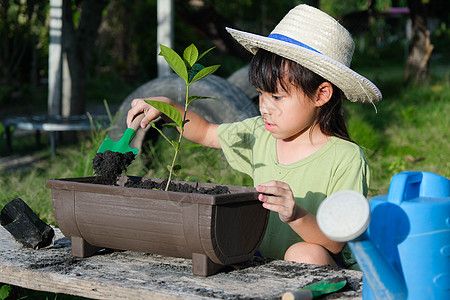 戴着帽子的小女孩在花园里帮助她的母亲 一个小园丁 可爱的小女孩在花盆里种花出售 家庭小生意园艺幼苗学习孩子后院环境女儿蔬菜童年商图片