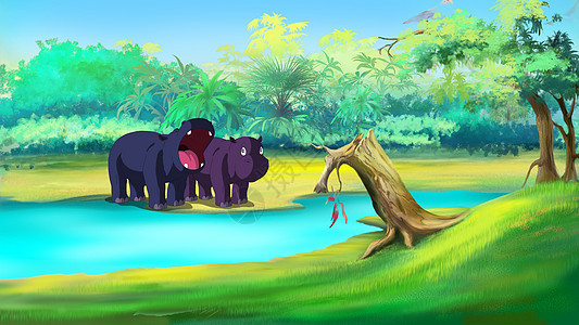 两个小河马在河里游泳卡通片孩子们蓝色热带动物插图动物群绘画婴儿牧歌图片