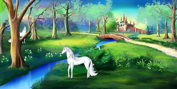 白色独角兽 在神话城堡附近的魔法森林里牧歌喇叭传奇卡通片动物园动物绘画哺乳动物天堂动物群图片