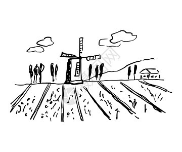 绘制古老的风车和意大利面貌 雕刻风格的矢量插图 孤立在白色背景上 托斯卡尼农村田间 房屋和云层图片