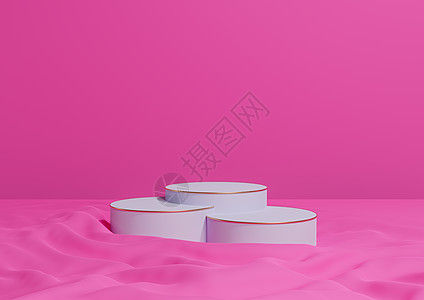 明亮的正红 彩虹粉粉3D 以最起码的产品显示三个豪华圆柱台或摊台 用卷状纺织产品摄影背景画布和金线化妆品消费者纺织品霓虹奢华讲台图片