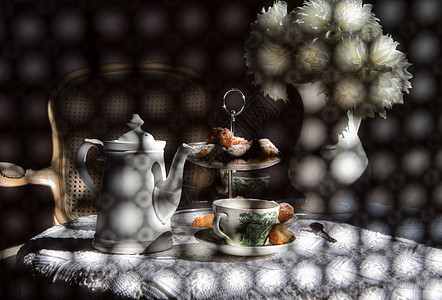 用模糊的英语风格的茶间休息 在椅子背面进行抽象摄影香气桌子花朵美食杯子面包面粉甜点乡村装饰图片