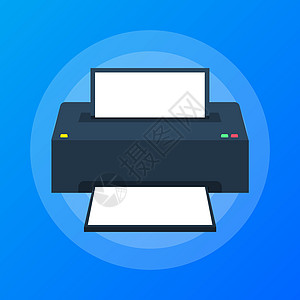 平面打印机图标 带有纸张 A4 工作表和打印文本文档的打印机墨水工具床单质量扫描器商业激光蓝色按钮机器图片