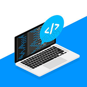 跨平台软件 膝上型计算机编码 数字学习 平面等量矢量图解 笔记本电脑屏幕学校技术网页老鼠开发商网站编码员桌子插图代码图片