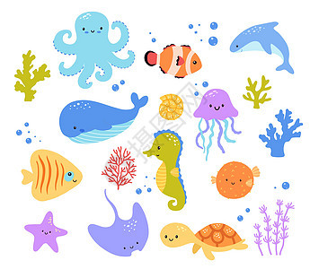 一组在白色背景上隔离的可爱的漫画海洋动物 为孩子们绘制矢量鲸 鱼类 章鱼和海龟图解图片