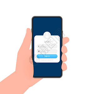 手持手机 在蓝色背景的屏幕上签名显示窗体窗口 矢量插图手指女性监视器电脑药片按钮资格行动展示商业图片