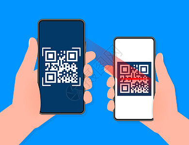 手持带有扫描qr代码的手机 可在屏幕上支付 蓝色背景上的电话 矢量插图条码读者标识钱包细胞身份数据卡片酒吧扫描器图片