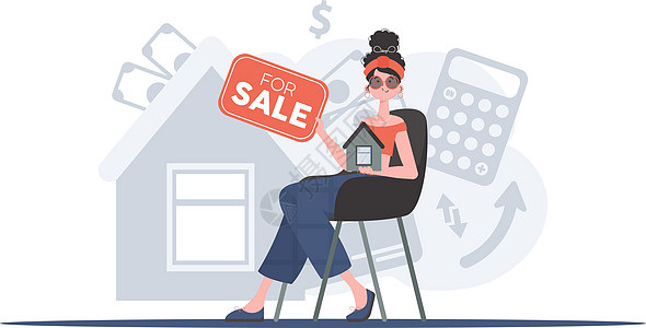 女孩坐在椅子上 手里拿着一个标牌供出售 卖房子或房地产 时尚风格 矢量图示图片