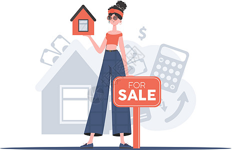 有售卖标志的女孩手里握着一栋小房子 出售房屋或房地产 时尚风格 矢量图示图片