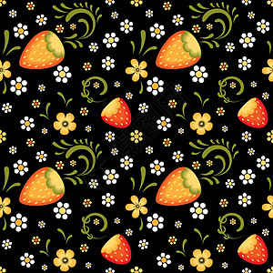 Khokhloma 传统风格的草莓田红色包装纸卷曲黑色墙纸黄色模式浆果重复场地图片