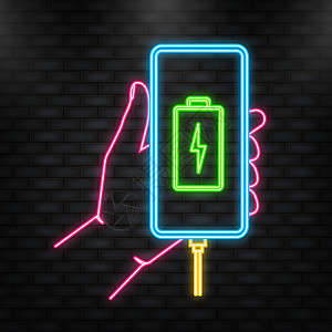 霓虹灯图标 放电充电电池智能手机-矢量图 孤立在绿色背景上图片