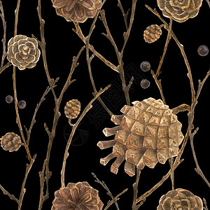 新年冬季森林水彩色无缝模式季节植物纺织品墙纸松果插图木头风格手绘松树图片