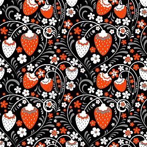 俄罗斯民俗风格的草莓田衬套场地装饰品模式墙纸民间白色包装纸浆果重复图片