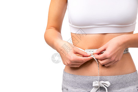 测量进展 在用胶带测量时 缝合一个有体质的女人腰部图片