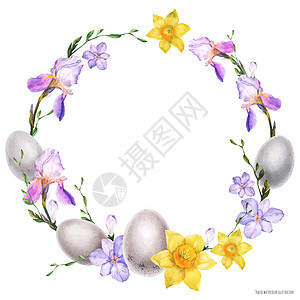 装饰水彩花圈 鲜花和鸡蛋回旋曲压痛蓝色水仙花环艺术植物星星女人花束图片