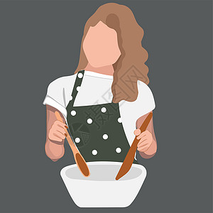 厨房里有大沙拉碗的女人草图食物身体厘米盘子饮食测量焦虑腰围女士图片