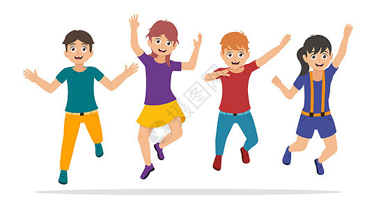 孩子们跳起来快乐 男孩女孩玩得开心 有卡通风格的人物 矢量插图图片