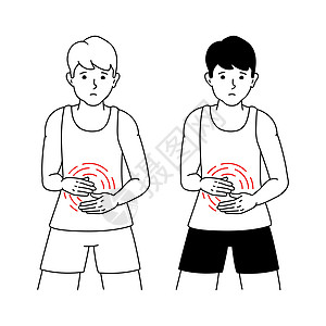 用矢量插图说明一名白人背景的腹部疼痛与孤独地单独忍受者的情况图片