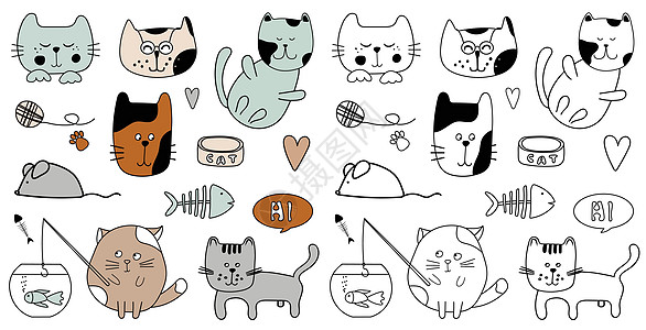 猫咪设计宠物小猫纺织品爪子艺术哺乳动物草图打印织物收藏图片