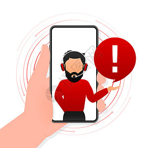 带有危险标志的智能手机 红色背景显示在屏幕上的人 矢量插图警告广告风险骗局技术数据恶意互联网男人垃圾邮件图片
