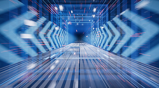 Scifi概念隧道 配有箭头标志 3D铸造速度科幻技术运输飞船蓝色科学走廊渲染辉光图片