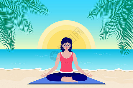 妇女练习瑜伽冥想海滩天空运动身体卡通片女士海岸树叶沉思图片