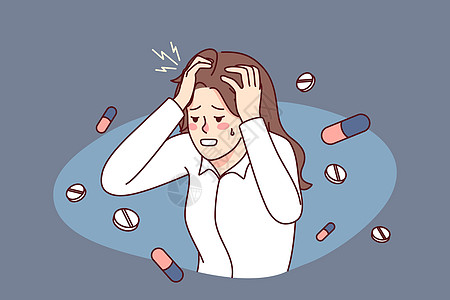 缓解焦虑患有偏头痛症的不健康妇女插画
