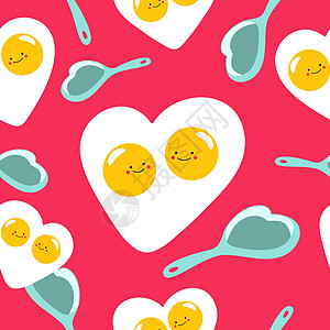 s 情人节鸡蛋红心无缝模式 以平坦的卡通风格 炒鸡蛋和锅底背景 矢量插图图片