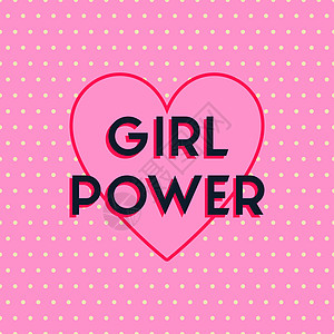 粉红背景的女童权力海报 带有可爱的黄黄色波尔卡点和心脏 Trindy漫画风格 女权主义口号标志图片