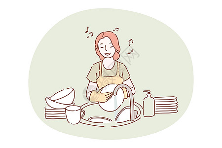 洗碗 家务工作 清洁概念女士母亲快乐主妇女孩菜肴女佣家政垫圈围裙图片