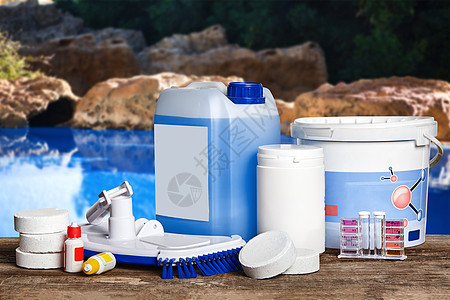 带有化学清洁产品的设备和用于维护游泳池的工具纯化化学品酒店作品服务集装箱乐趣软管游泳消毒图片