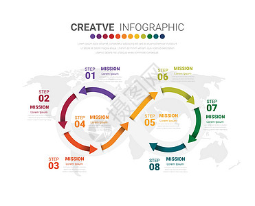 带有数字 8 optio 的信息图表设计模板工作网络展示数据时间线历史小册子流程图元素推介会图片