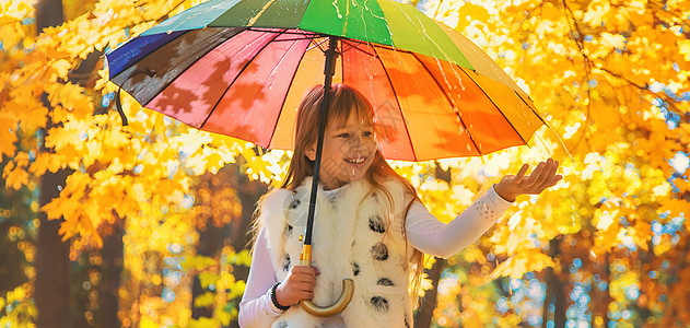 秋天公园的雨伞下的孩子 有选择地集中精神季节外套下雨婴儿卷曲雨衣童年靴子幸福天气图片