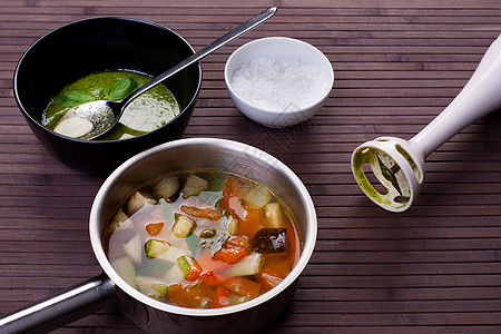 托斯卡纳菜汤和虫菠菜搅拌机食谱洋葱食物勺子豆子芹菜饮食盘子图片