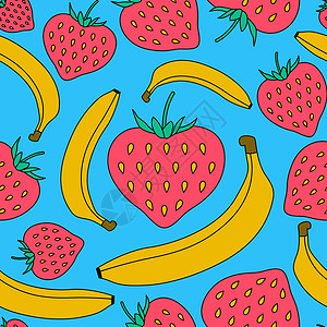 明亮的蓝色背景上的草莓和香蕉无缝图案 时尚卡通风格的草莓和香蕉图片