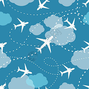 衬垫蓝色天空中飞行轨迹的飞机 云彩无缝 潮流微小的风格设计图片