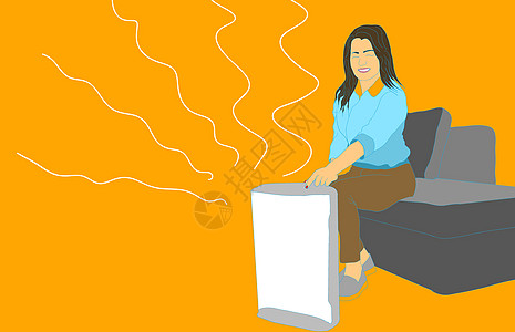 坐在沙发上的妇女靠近空气净化剂和润湿剂用具 家庭健康微气候概念 插图发泄呼吸机净化器环境超声波加湿器蒸汽女孩空气房间图片