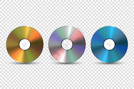 矢量 3d 逼真多色 金色 银色 蓝色 CD DVD 设置特写隔离 样机的 CD 设计模板 复制空间 光盘图标 前视图图片
