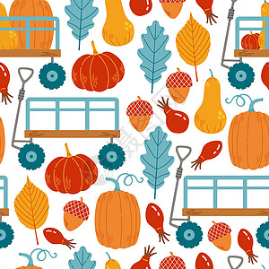 秋天无缝模式 南瓜 叶矢量独轮车横幅卡片风格字体季节叶子涂鸦海报插图图片
