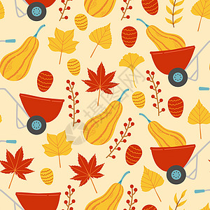 秋天无缝模式 南瓜 叶矢量打印季节装饰海报插图独轮车风格涂鸦叶子卡片图片