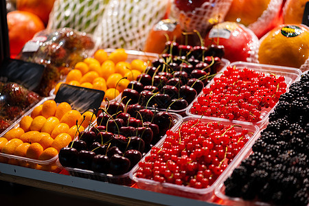 在市场上展示多彩的水果果浆价格产品生产食物零售杂货店篮子店铺街道摊位图片