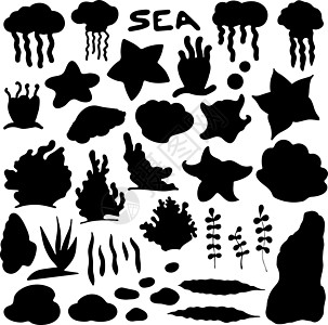 一组水下居民 Silhouette 海中居民 Silhouette集 白色背景所孤立的要素图片